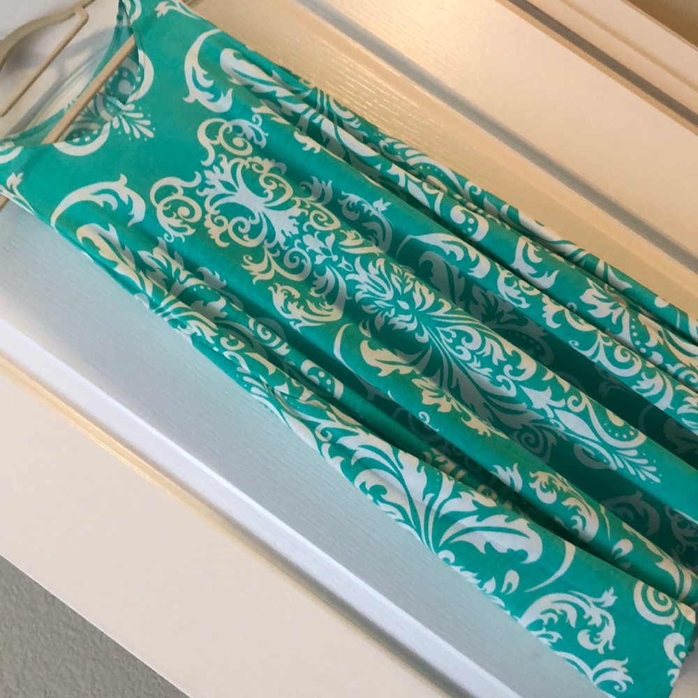 Teal & white dress with POCKETS